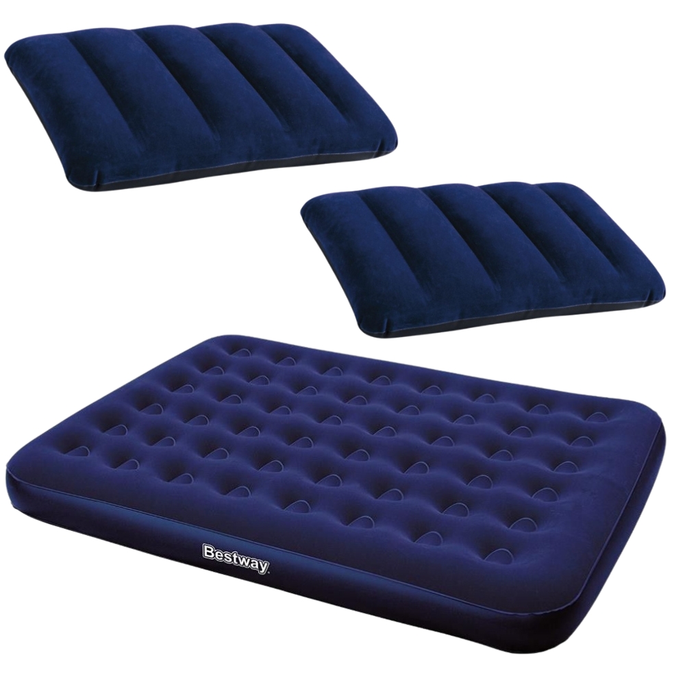 Bestway – Flocked Queen Airbed – Blue with Inflatable Travel Pillow