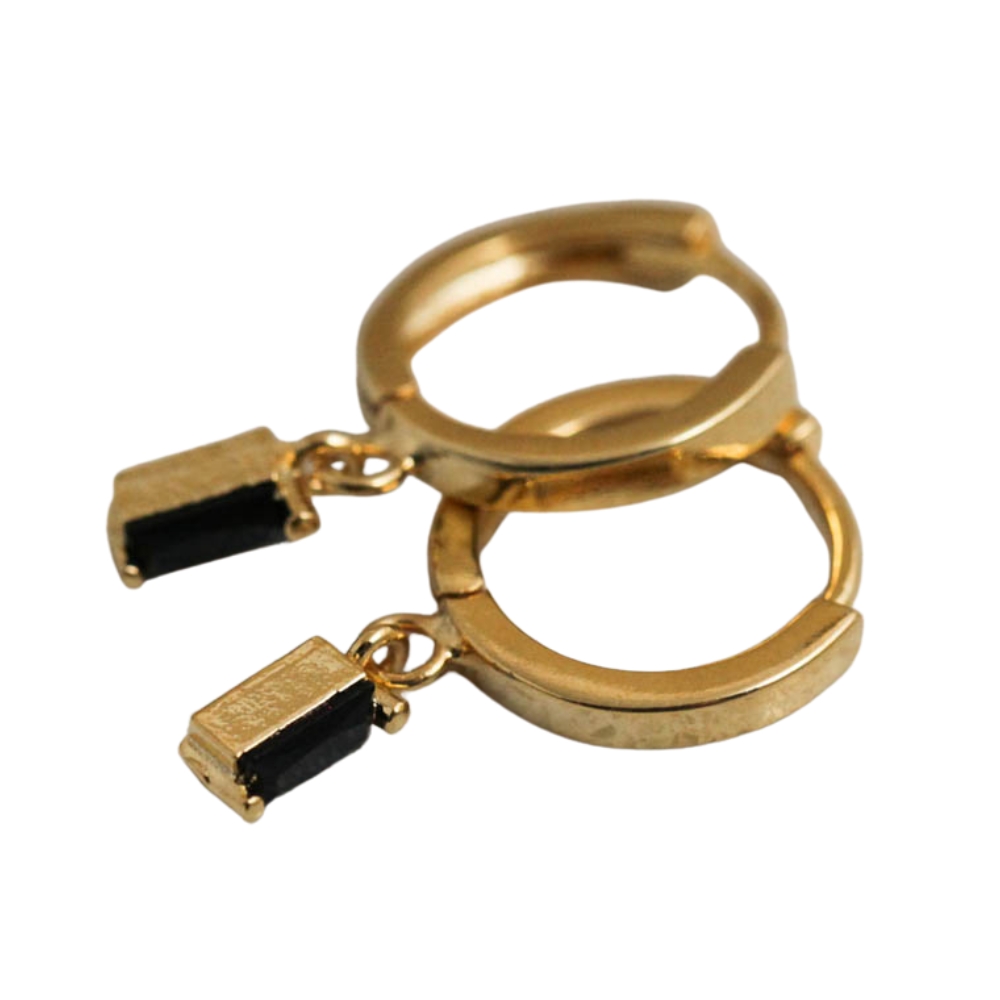 NuLuDa Jewellery- Square Crystal Hoop Earrings – Black – Gold Plated