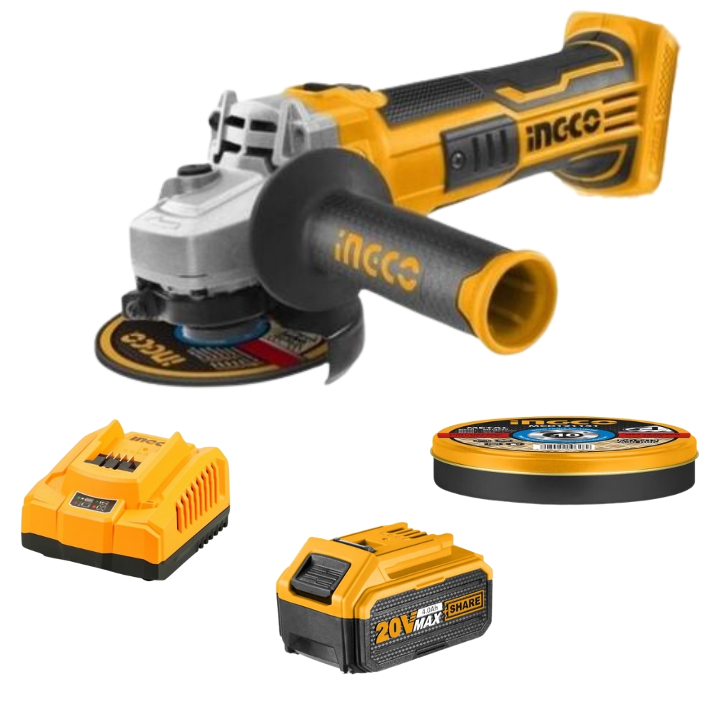 Ingco – Cordless Angle Grinder with Cutting Discs, 4Ah Battery & Charger