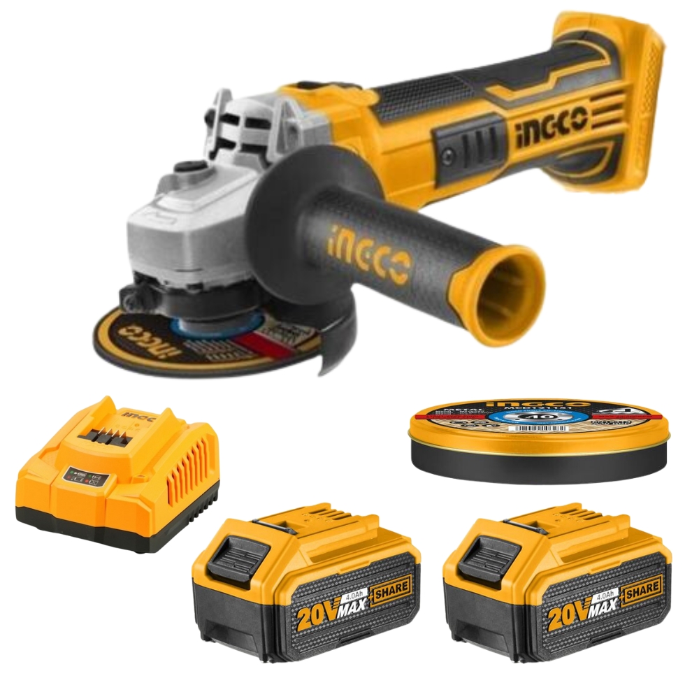 Ingco – Cordless Angle Grinder with Cutting Discs, 2x 4Ah Battery & Charger