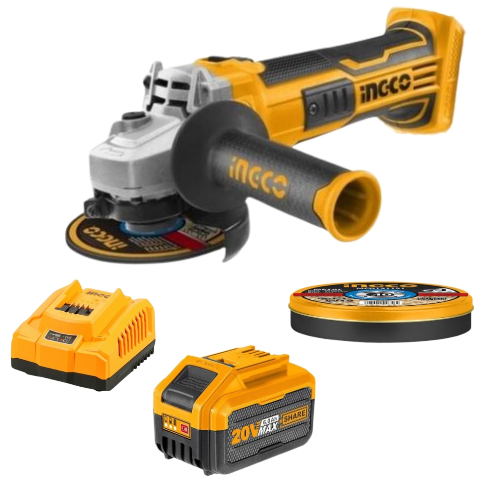 Ingco – Cordless Angle Grinder with Cutting Discs, 6Ah Battery & Charger