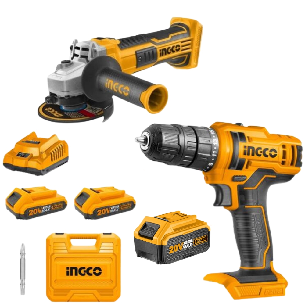 Ingco – Li-Ion Cordless Drill and Angle Grinder with Charger and Batteries