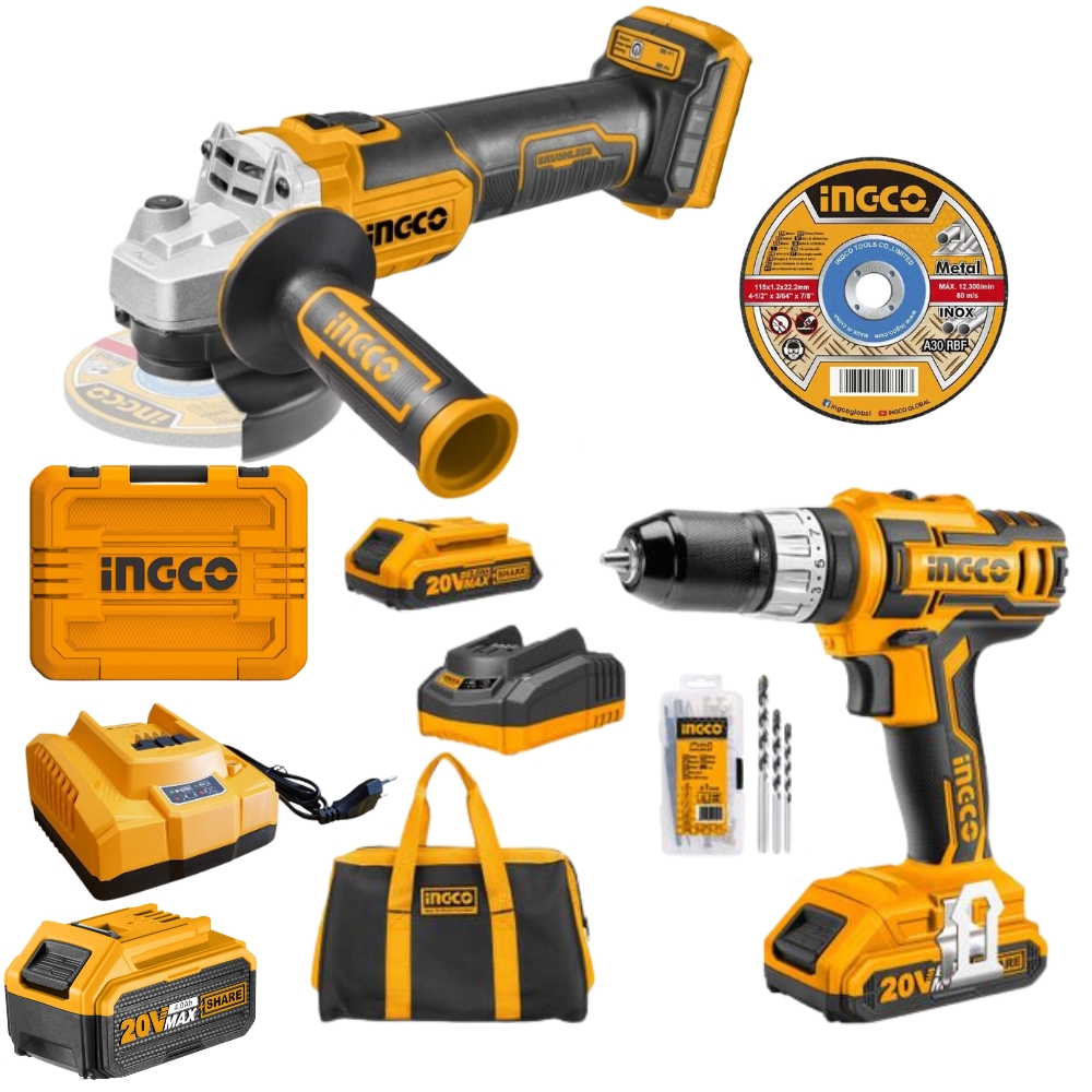 INGCO – Cordless Angle Grinder – 115mm & Cordless Impact Drill – MEGA KIT