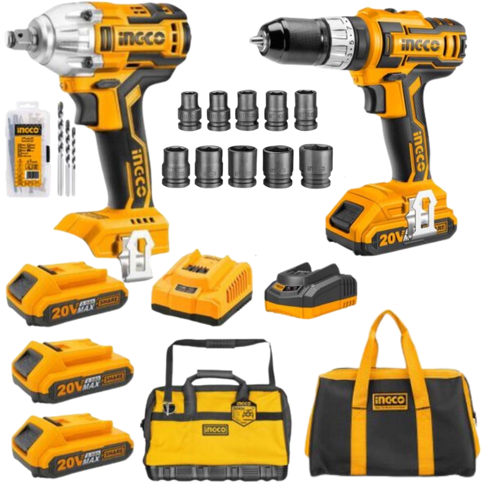 Ingco – Cordless Impact Drill and Wrench with Accessories, Socket Set & bag