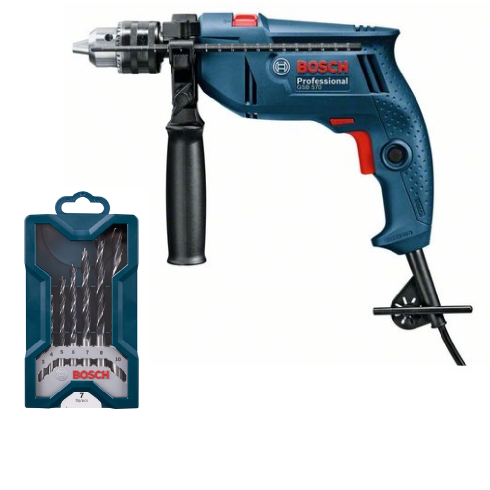 Bosch – Impact Drill (GSB570) With 7 Piece Mini-X-Line Drill Bit Set (3-10MM)