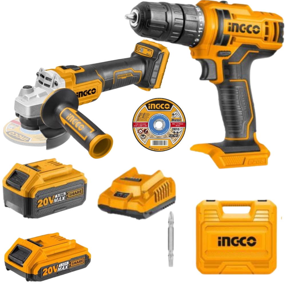 Ingco – Li-Ion Cordless Drill & Angle Grinder with 5.0Ah Battery & 10x Disc