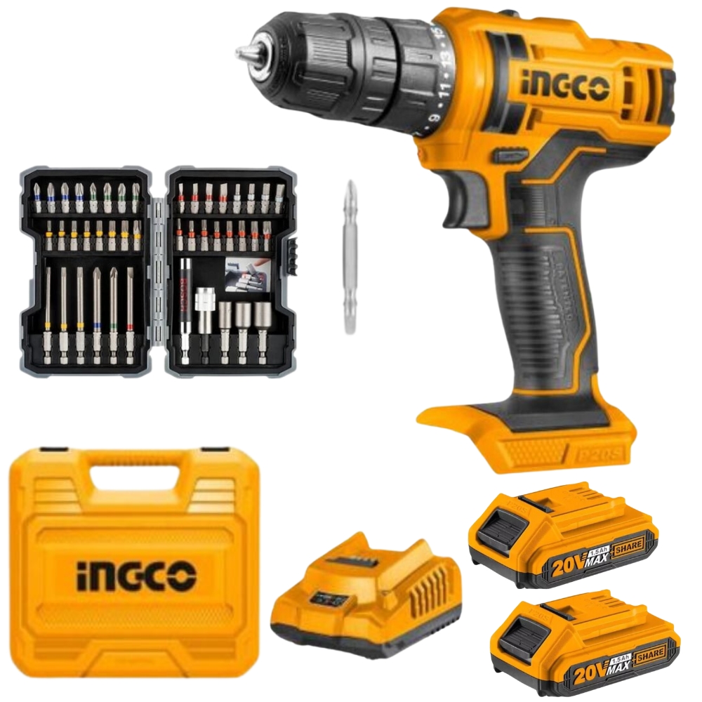 Ingco – Li-Ion Cordless Drill with Screwdriver & Nutsetter Bits Set (43Pc)
