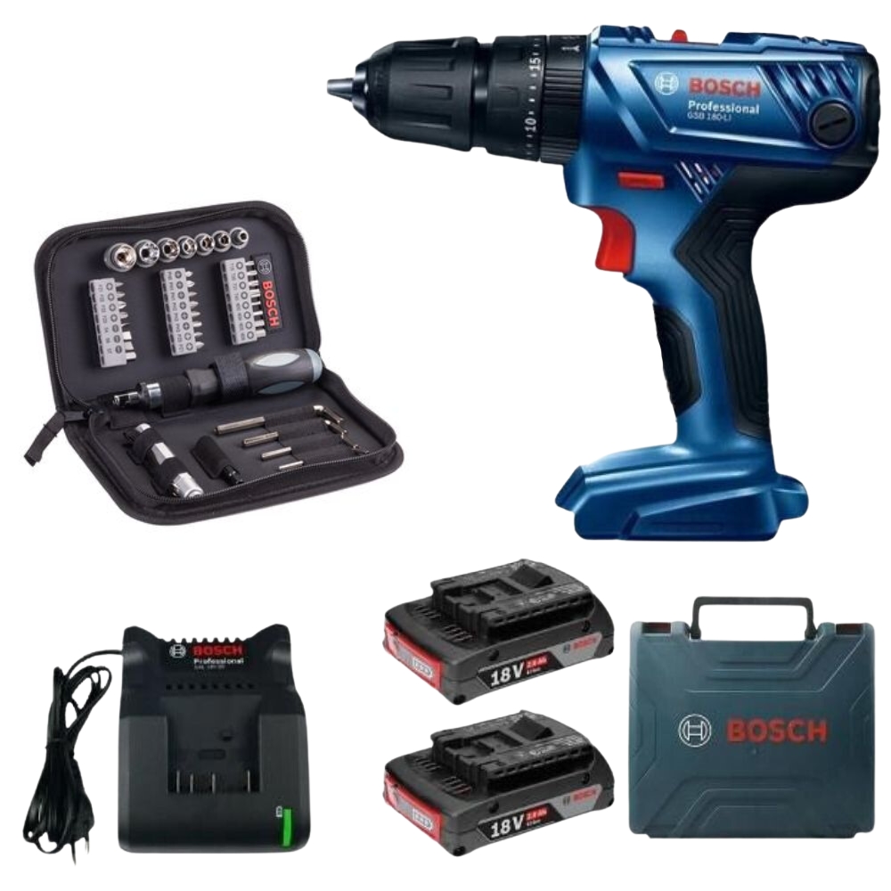 Bosch – Impact Drill Kit (GSB-180-LI) With 38 Piece Blue Mixed Set