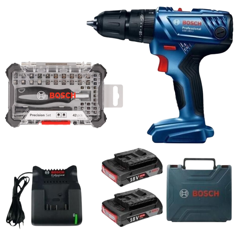 Bosch – Impact Drill Kit (GSB180-LI) With Screwdriver Bit Set – 42 Piece