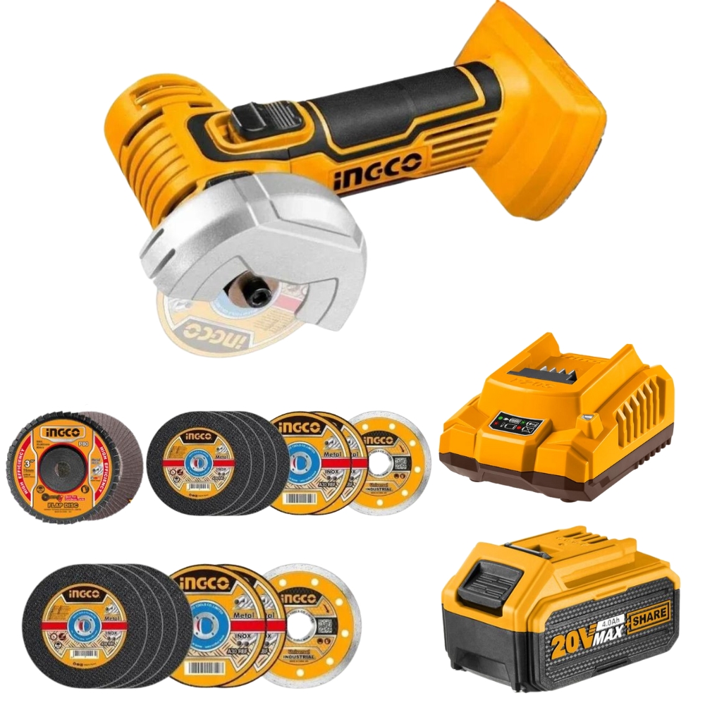 Ingco – Mini Cut-off Tool/Grinder with 4.0Ah Battery, Charger & Mini Discs