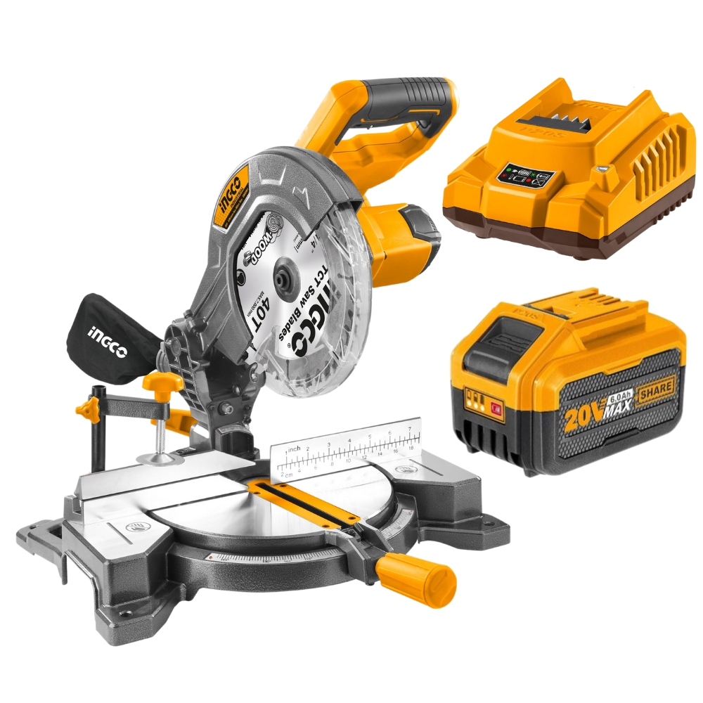 Ingco – Cordless Li-Ion Mitre Saw – (20V) with 6.0Ah Battery and Charger