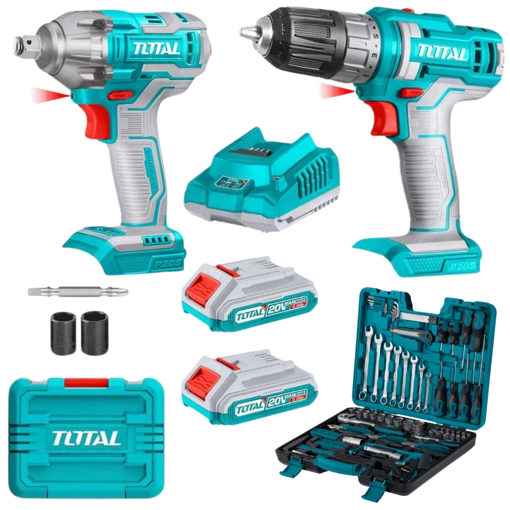 Total – Li-ion Cordless Drill & Impact Wrench with DIY Hand Tool Set – 90Pc
