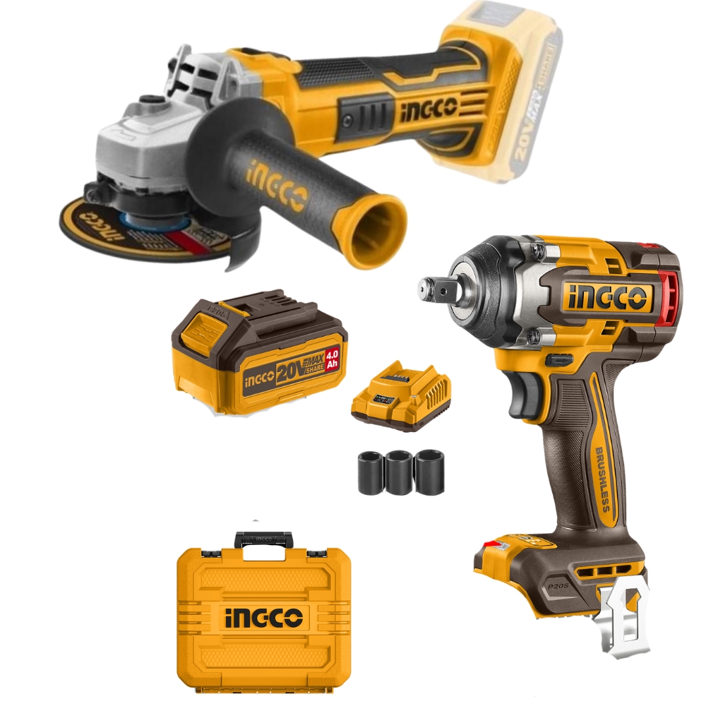 Ingco – Lithium-Ion Impact Wrench (20V) with Angle Grinder – Combo