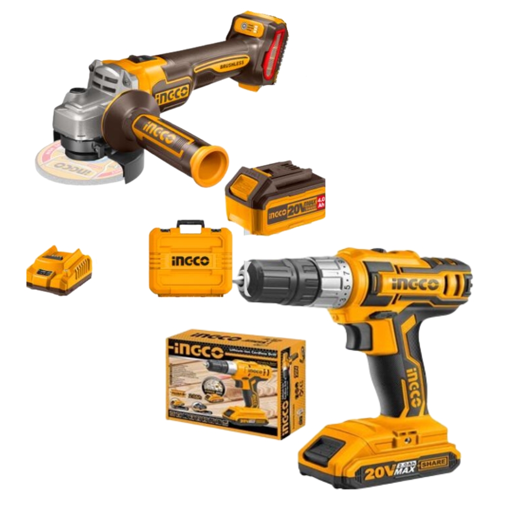 Ingco – Lithium-Ion Angle Grinder (20V) & Cordless Drill – Combo