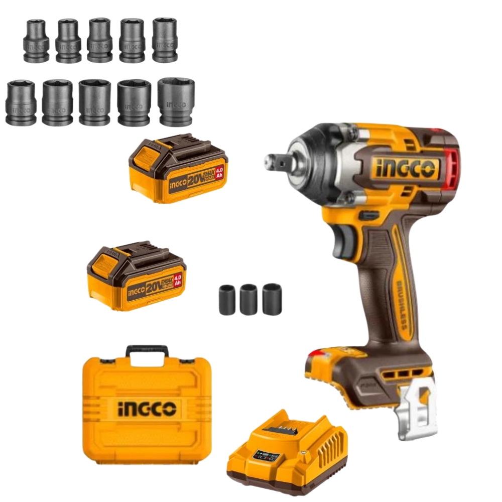 Ingco – Impact Wrench 500NM With Batteries, Charger & 10Pce Socket Set