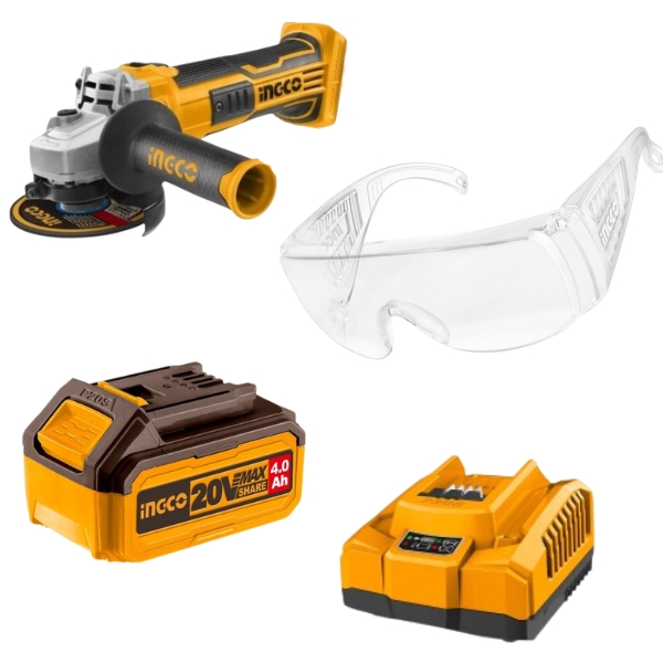 Ingco – Cordless Angle Grinder, 4.0Ah Battery & Charger with Safety Goggle