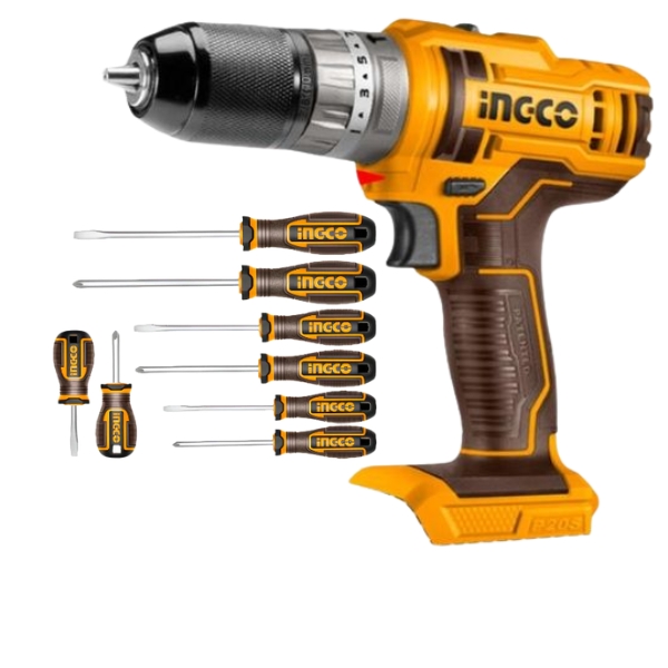 Ingco – Lithium-ion Cordless Impact Drill 20V & Screwdriver Set 8 Pieces