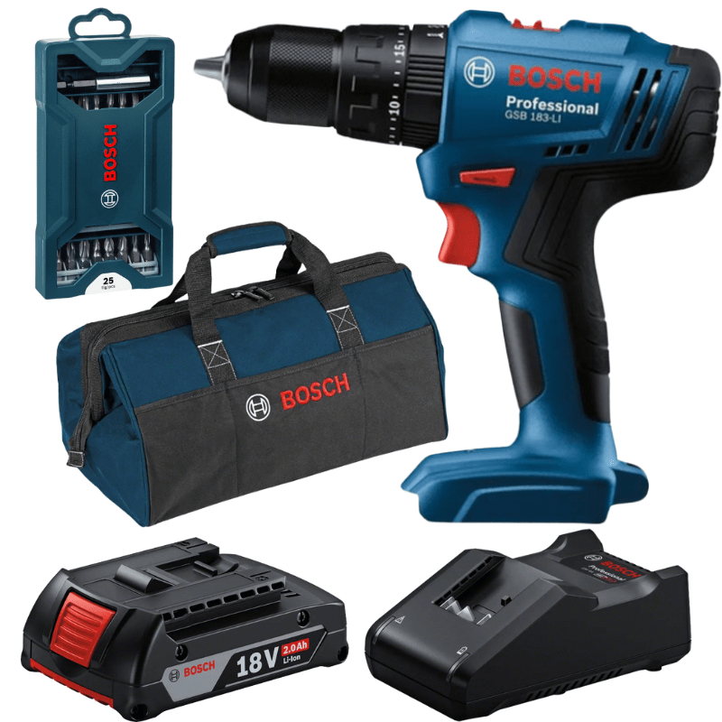Bosch – Cordless Drill (GSB 183-LI), Charger, Battery (2Ah) & 25 Piece Bits Set