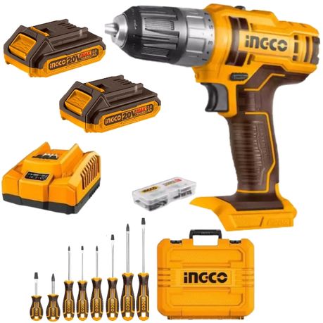 Ingco – Cordless Drill with 2x 2.0Ah Batteries, Charger & Screwdriver Set