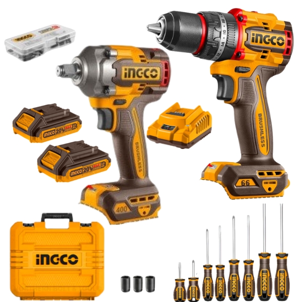 Ingco – Cordless Impact Drill 66Nm & Impact Wrench 400Nm & Screwdriver Set