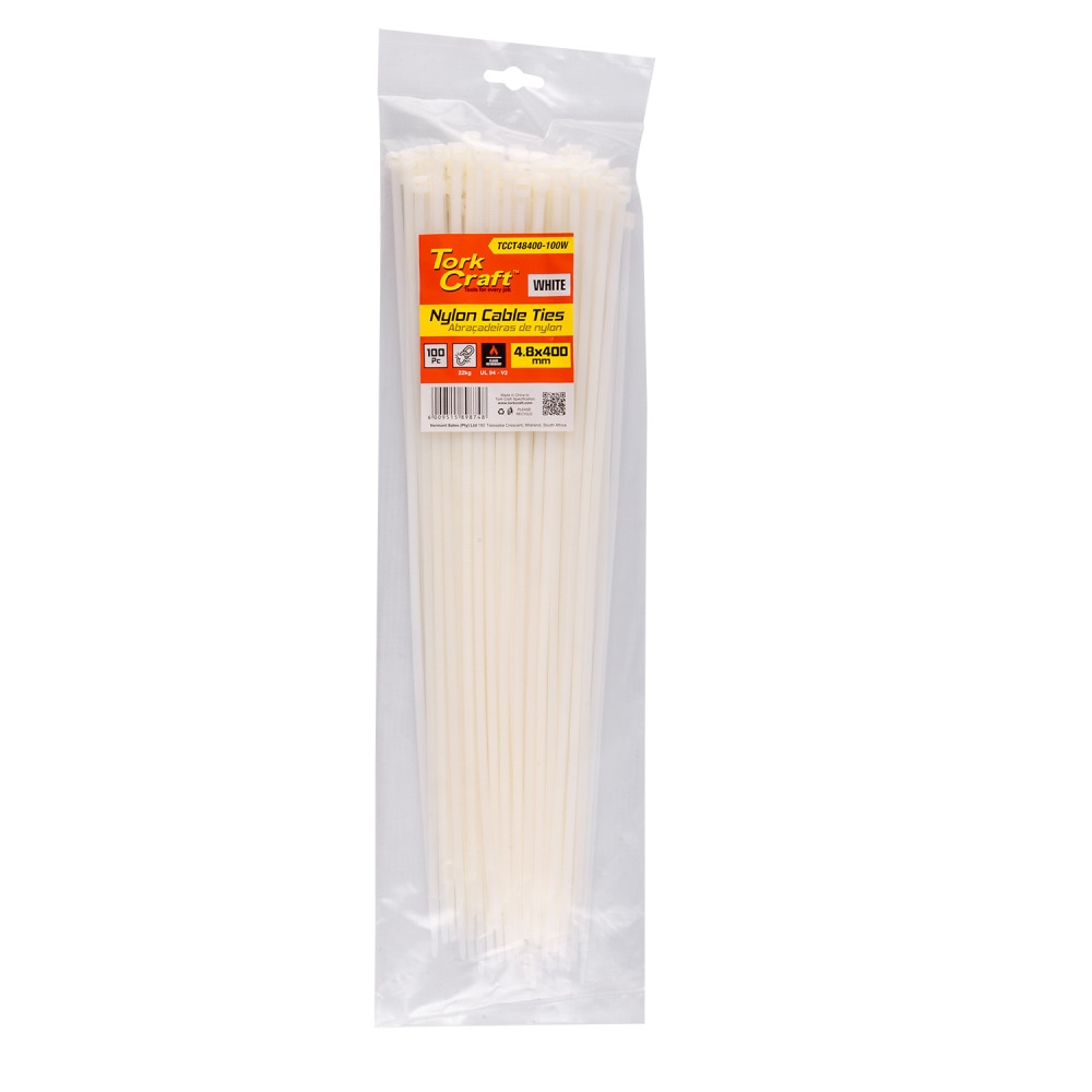 Tork Craft – Nylon Cable Ties 4.8mm x 400mm White – 100 Pieces
