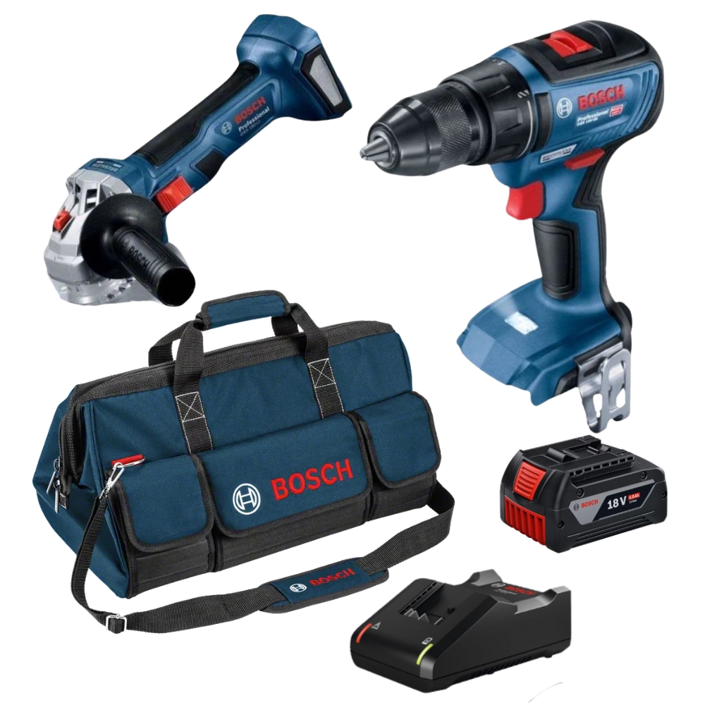 Bosch – Cordless Drill and Angle Grinder with 4Ah Battery, Charger & Bag