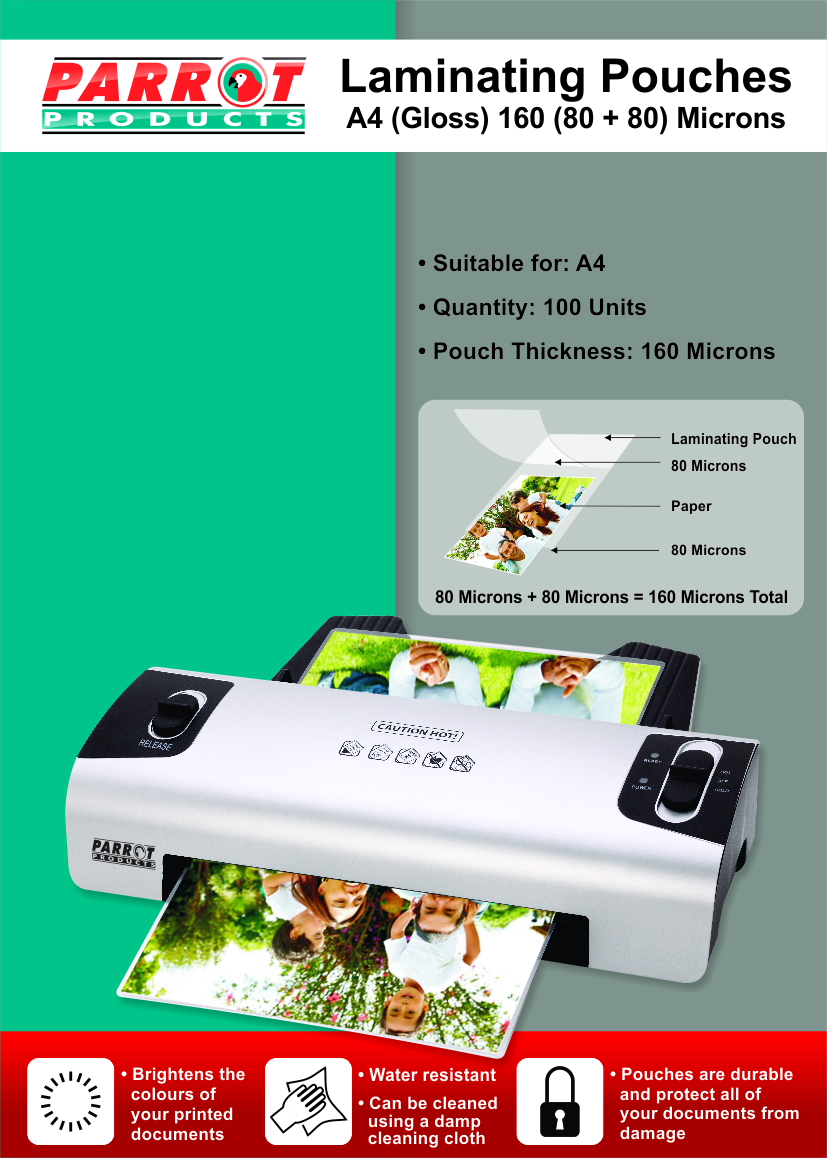 Parrot Laminating Pouch A4 160(80+80) Micron – Pack of 100