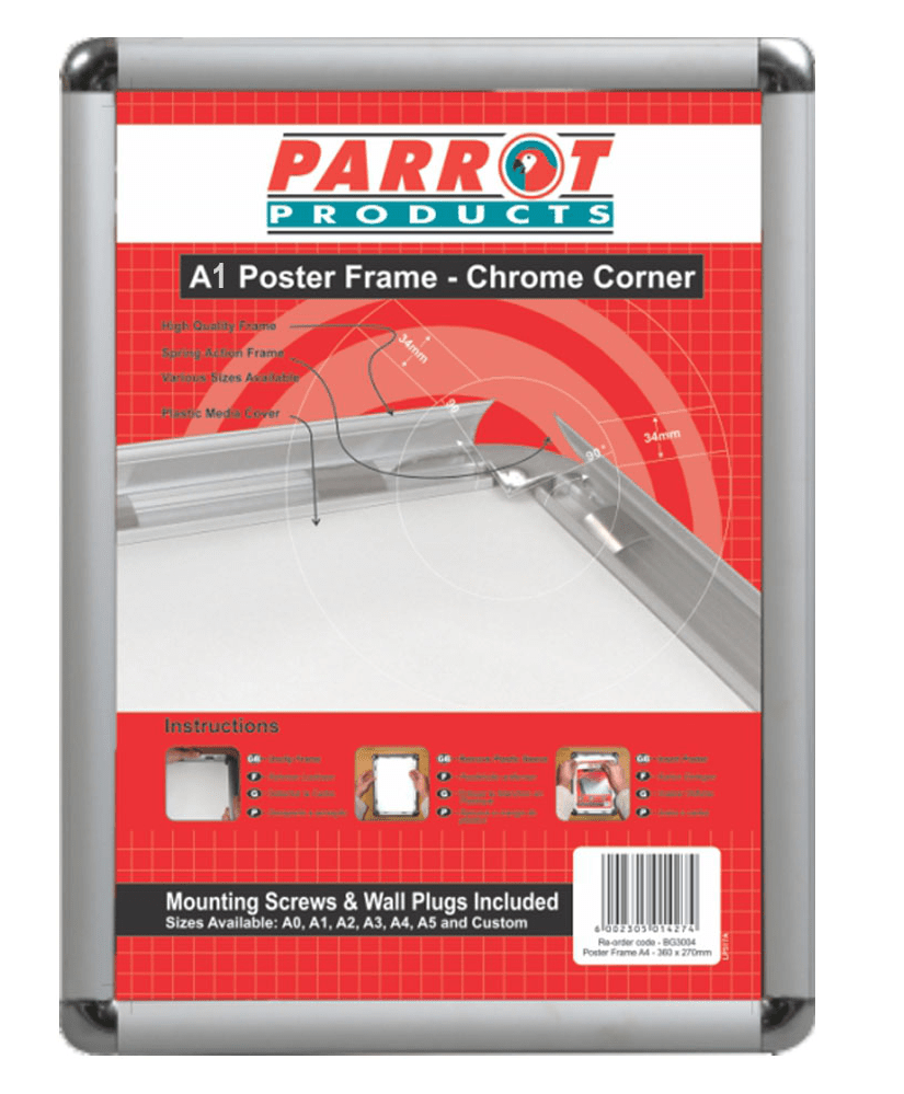 Parrot Poster Frame – Aluminium with Chrome Corners – A1