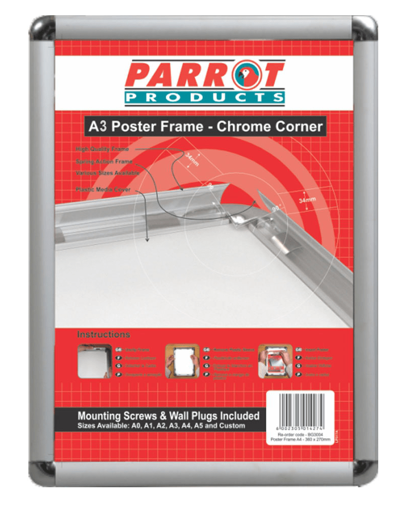 Parrot Poster Frame – Aluminium with Chrome Corners – A3