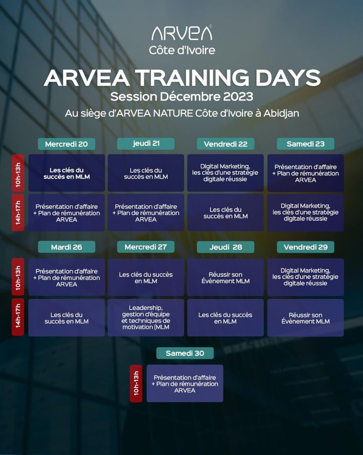 ARVEA TRAINING DAYS 
J-2 !!!!
Soyez nombreux et profitez de cette opportunité pour booster vos compétences.
 
Inscription GRATUI... ARVEA TRAINING DAYS 
J-2 !!!!
Soyez nombreux et profitez de cette opportunité pour booster vos compétences.
 
Inscription GRATUI...