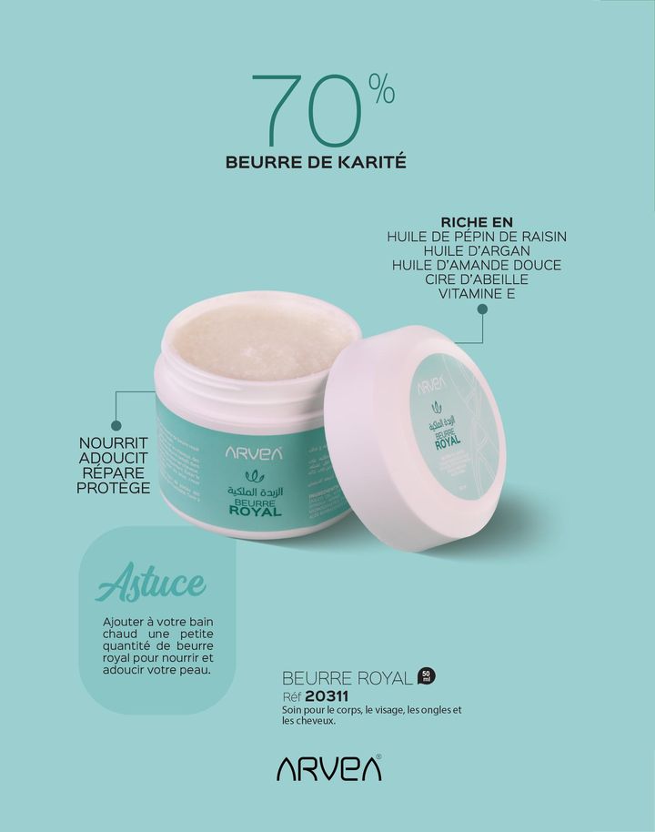 Le beurre royal d'ARVEA est un véritable allié beauté pour toutes les saisons, grâce à sa formule enrichie à 70% de beurre de ka... Le beurre royal d'ARVEA est un véritable allié beauté pour toutes les saisons, grâce à sa formule enrichie à 70% de beurre de ka...