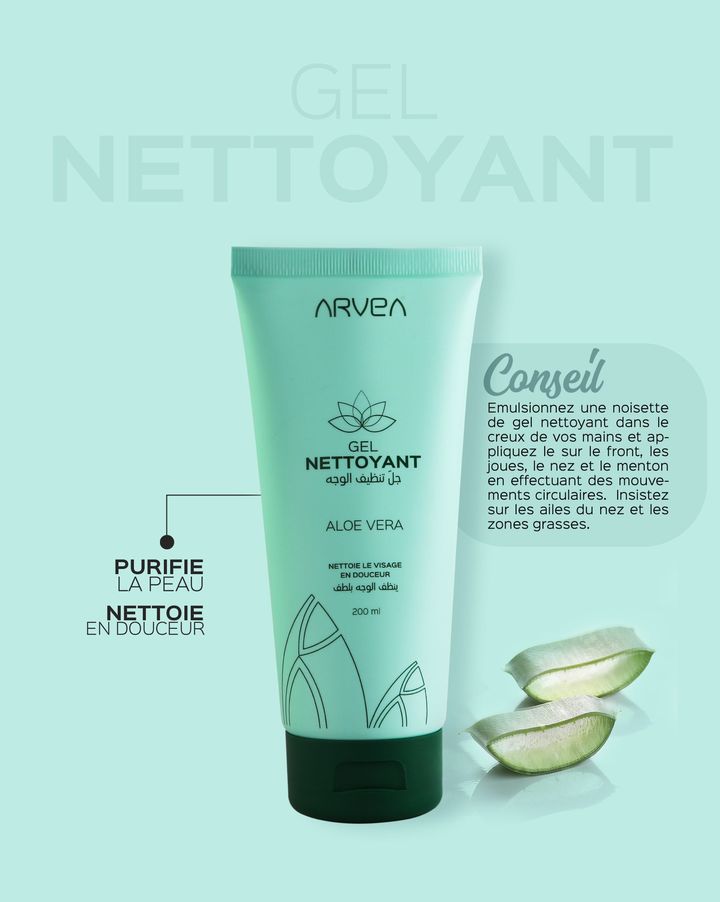Enrichi à l’Aloe vera et l’huile d’argan, le gel nettoyant ARVEA nettoie votre peau en douceur et en profondeur pour éliminer to… Enrichi à l’Aloe vera et l’huile d’argan, le gel nettoyant ARVEA nettoie votre peau en douceur et en profondeur pour éliminer to…