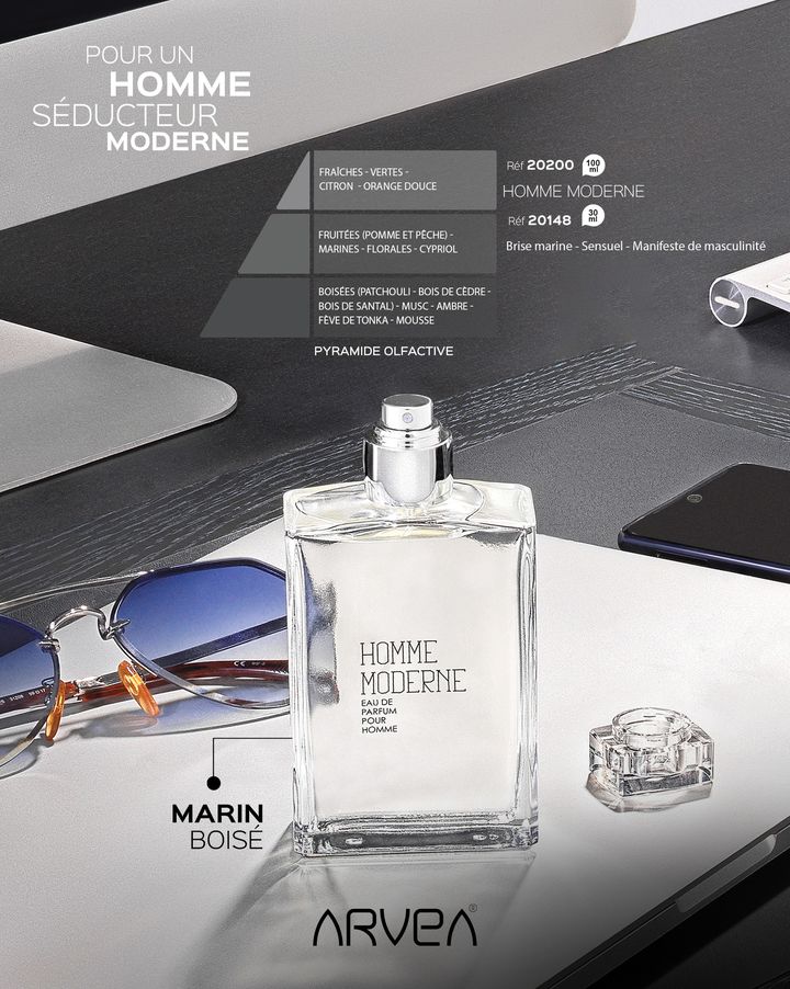 Homme Moderne by ARVEA : Un parfum boisé, marin et épicé qui incarne l'homme élégant, séduisant et audacieux Homme Moderne by ARVEA : Un parfum boisé, marin et épicé qui incarne l'homme élégant, séduisant et audacieux