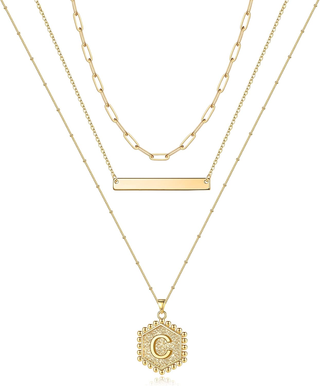 Turandoss Gold Layered Initial Necklaces for Women, 14K Gold Plated Bar Necklace Handmade Layering Hexagon Letter Pendant Beads Chain Necklace Layered Necklaces for Women Gold Jewelry Gifts Turandoss Gold Layered Initial Necklaces for Women, 14K Gold Plated Bar Necklace Handmade Layering Hexagon Letter Pendant Beads Chain Necklace Layered Necklaces for Women Gold Jewelry Gifts