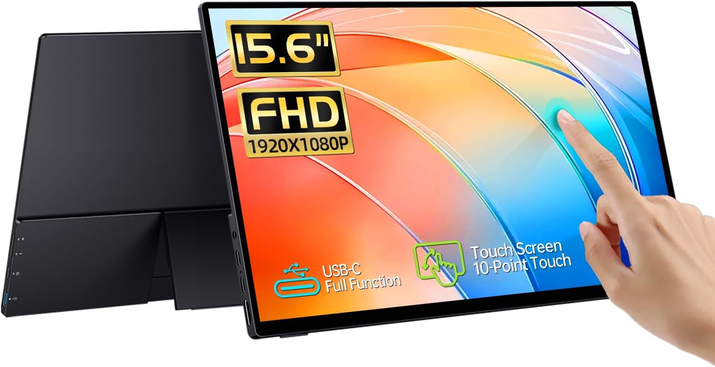 15.6” Portable Monitor Touchscreen, FHD IPS Touch Screen with Tempered Glass, Travel Monitor with Kickstand & Speaker, HDMI USB C External Monitor for Laptop Phone Computer Xbox Switch PS4/5 15.6” Portable Monitor Touchscreen, FHD IPS Touch Screen with Tempered Glass, Travel Monitor with Kickstand & Speaker, HDMI USB C External Monitor for Laptop Phone Computer Xbox Switch PS4/5