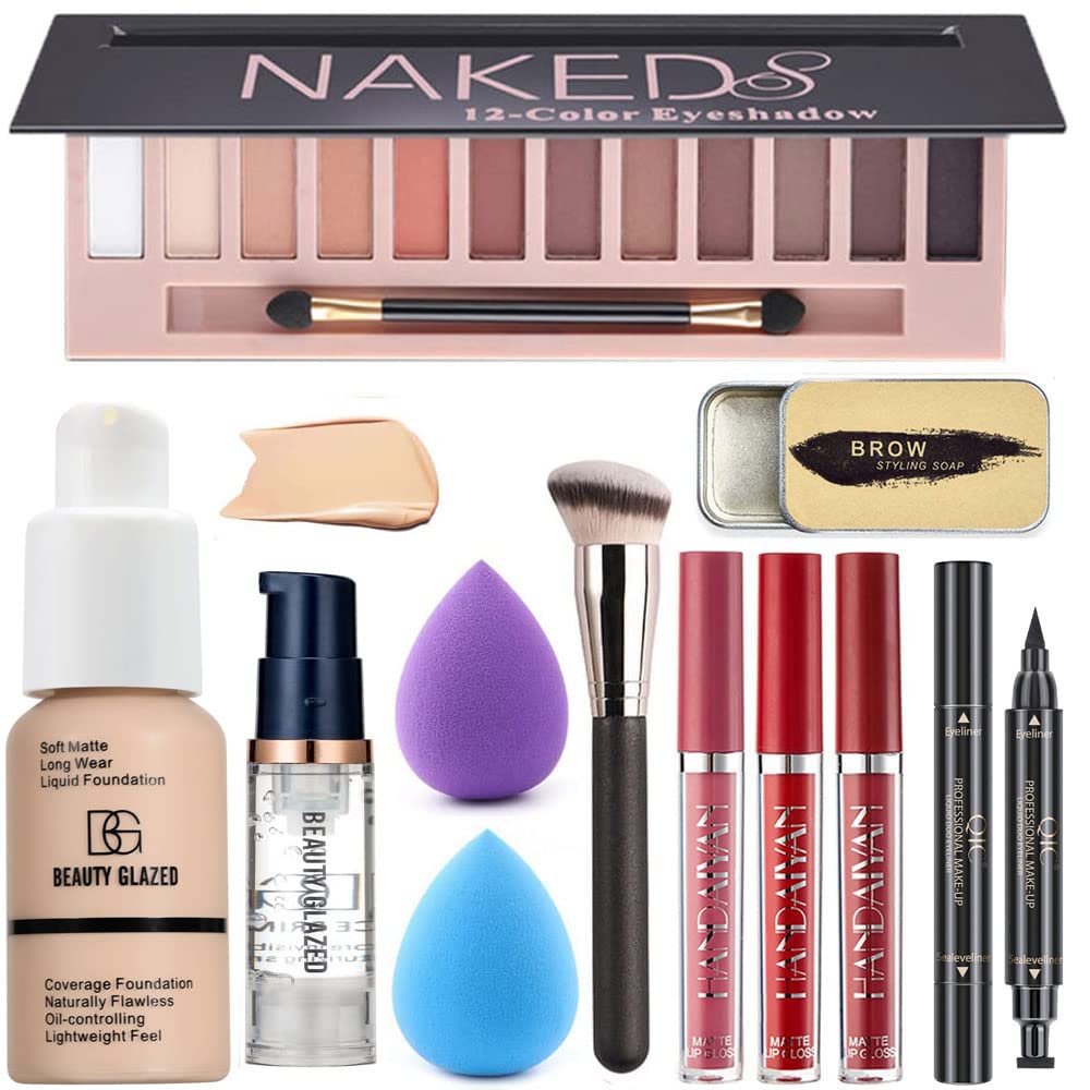 All in One Makeup Kit For Girls12 Colors Naked Eyeshadow Palette, Nude Foundation Face Primer, Makeup Brush, Makeup Sponge, Eyebrow Soap Kit Brows Gel, Winged Eyeliner Stamp Makeup Set (SetA) All in One Makeup Kit For Girls12 Colors Naked Eyeshadow Palette, Nude Foundation Face Primer, Makeup Brush, Makeup Sponge, Eyebrow Soap Kit Brows Gel, Winged Eyeliner Stamp Makeup Set (SetA)
