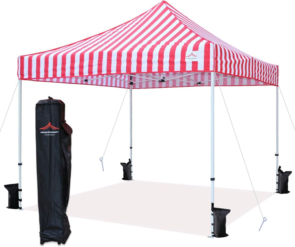 10’x10′ Pop Up Canopy Tent Commercial Instant Shelter with Heavy Duty Roller Bag, 4 Canopy Sand Bags, 10×10 FT Red White Strip 10’x10′ Pop Up Canopy Tent Commercial Instant Shelter with Heavy Duty Roller Bag, 4 Canopy Sand Bags, 10×10 FT Red White Strip
