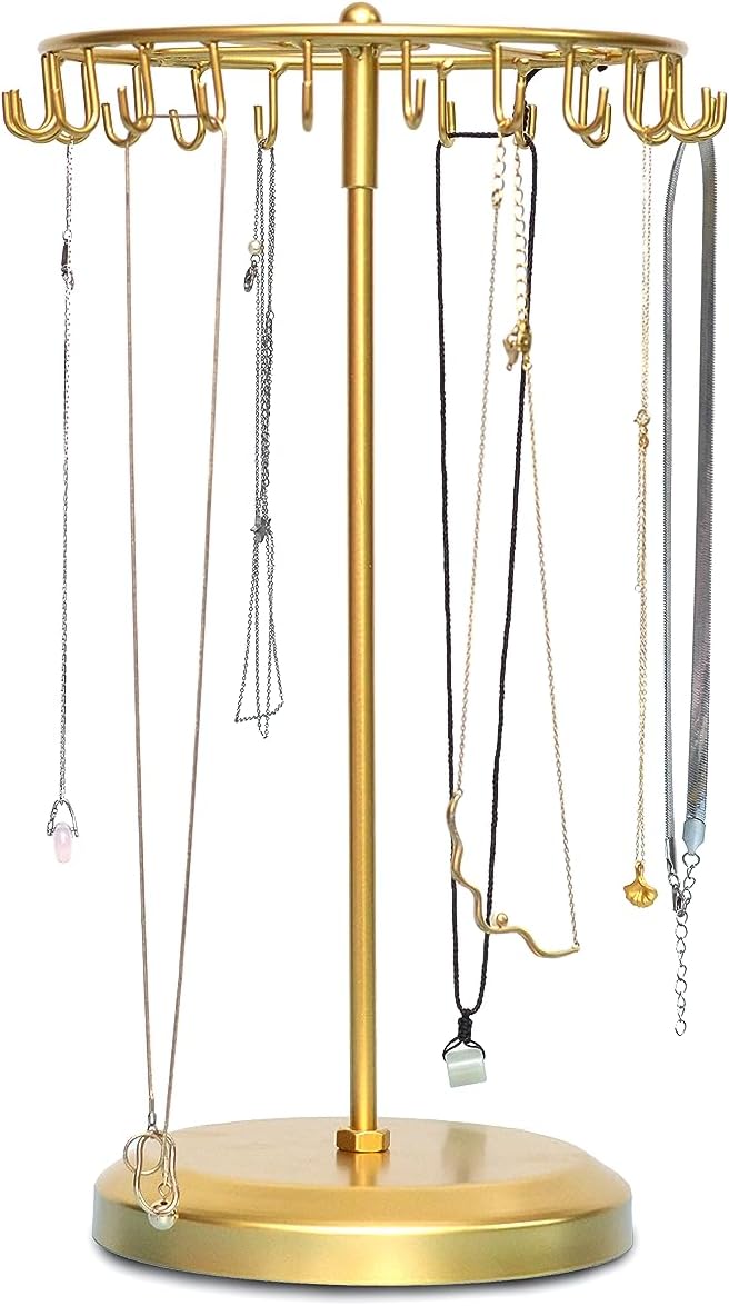 Rotating Necklace Holder Jewelry Display Stand Bracelet Organizer Hanging Tower Rack with 23 Hooks and Round Base Jewelries Collection 17.8inch Gold Rotating Necklace Holder Jewelry Display Stand Bracelet Organizer Hanging Tower Rack with 23 Hooks and Round Base Jewelries Collection 17.8inch Gold
