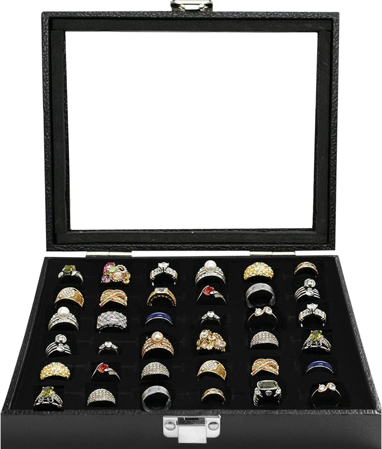 OSPNIEEK Ring Jewelry Organizer Box, 36 Slots Rings Display Storage Case Earring Showcase – Black Velvet Jewelry Stand Holder Tray with Transparent Glass Lid – Ideal Gift for Women Girl OSPNIEEK Ring Jewelry Organizer Box, 36 Slots Rings Display Storage Case Earring Showcase – Black Velvet Jewelry Stand Holder Tray with Transparent Glass Lid – Ideal Gift for Women Girl