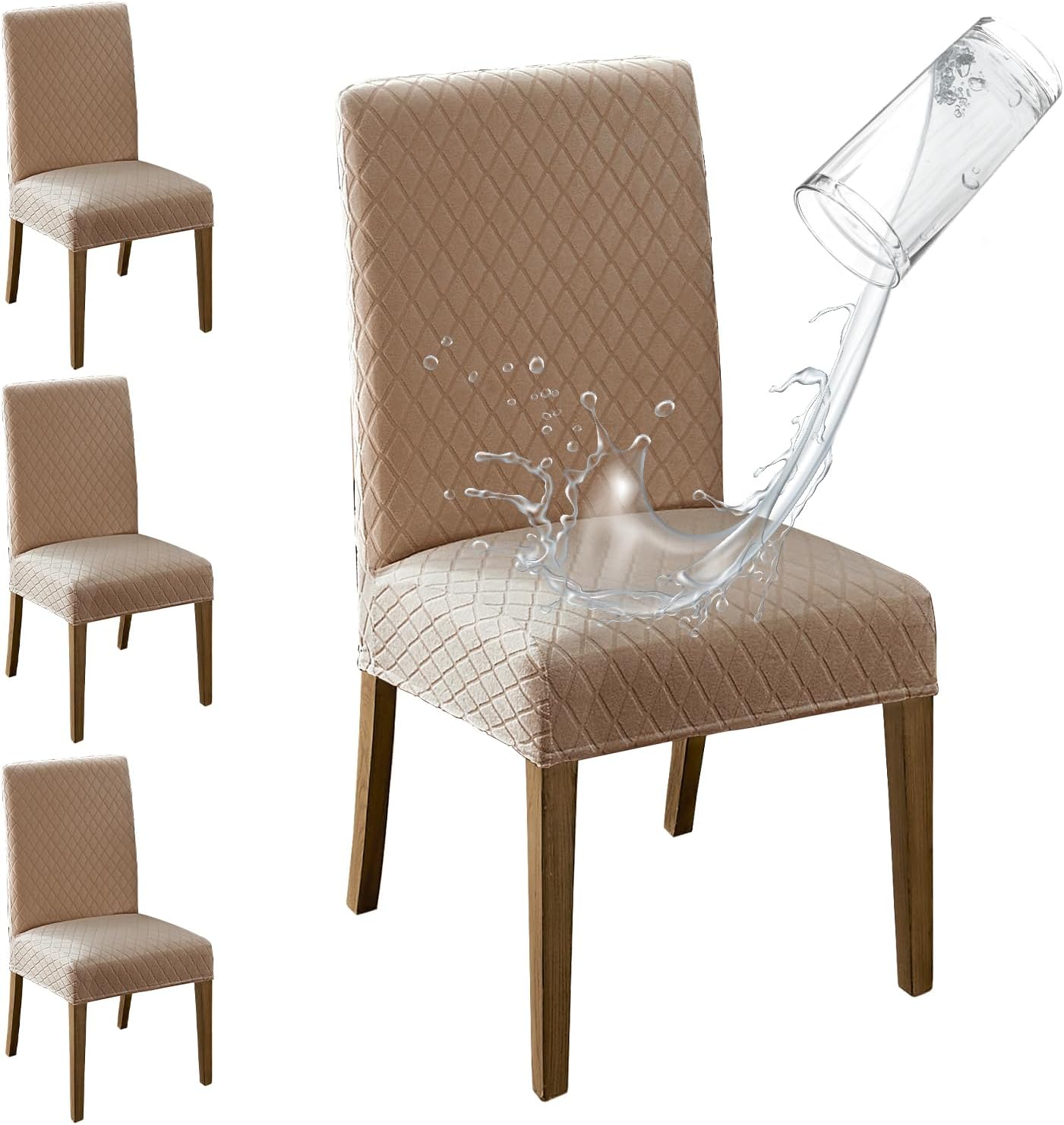 100% Waterproof Fall Dining Room Chair Covers Set of 4, Super Fit Stretch Jacquard Parson Chairs Slipcovers Removable Washable Chair Seat Protectors for Home, Kitchen, Banquet (Khaki) 100% Waterproof Fall Dining Room Chair Covers Set of 4, Super Fit Stretch Jacquard Parson Chairs Slipcovers Removable Washable Chair Seat Protectors for Home, Kitchen, Banquet (Khaki)