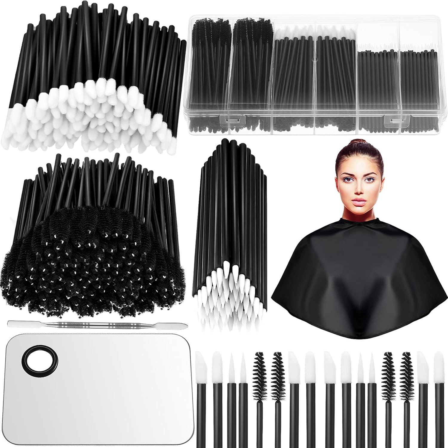 260 Pieces Disposable Makeup Tools Kit, Eyeliner Brushes Mascara Wands Lipstick Applicators Plastic Organizer Box Short Waterproof Cape Stainless Steel Makeup Palette, Spatula (Black) (Black) 260 Pieces Disposable Makeup Tools Kit, Eyeliner Brushes Mascara Wands Lipstick Applicators Plastic Organizer Box Short Waterproof Cape Stainless Steel Makeup Palette, Spatula (Black) (Black)