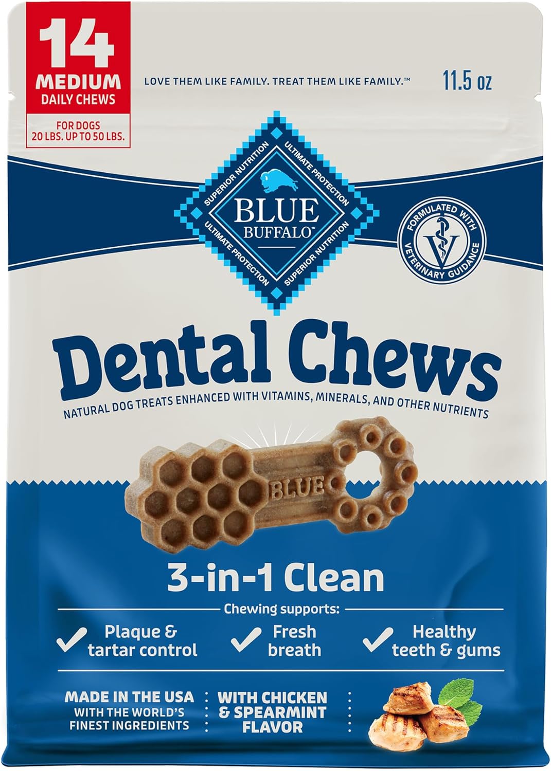 Blue Buffalo Medium Dental Chews for Dogs, Daily Dental Care Dog Treats Made in the USA with Natural Ingredients, Chicken & Spearmint (14 Count) Blue Buffalo Medium Dental Chews for Dogs, Daily Dental Care Dog Treats Made in the USA with Natural Ingredients, Chicken & Spearmint (14 Count)