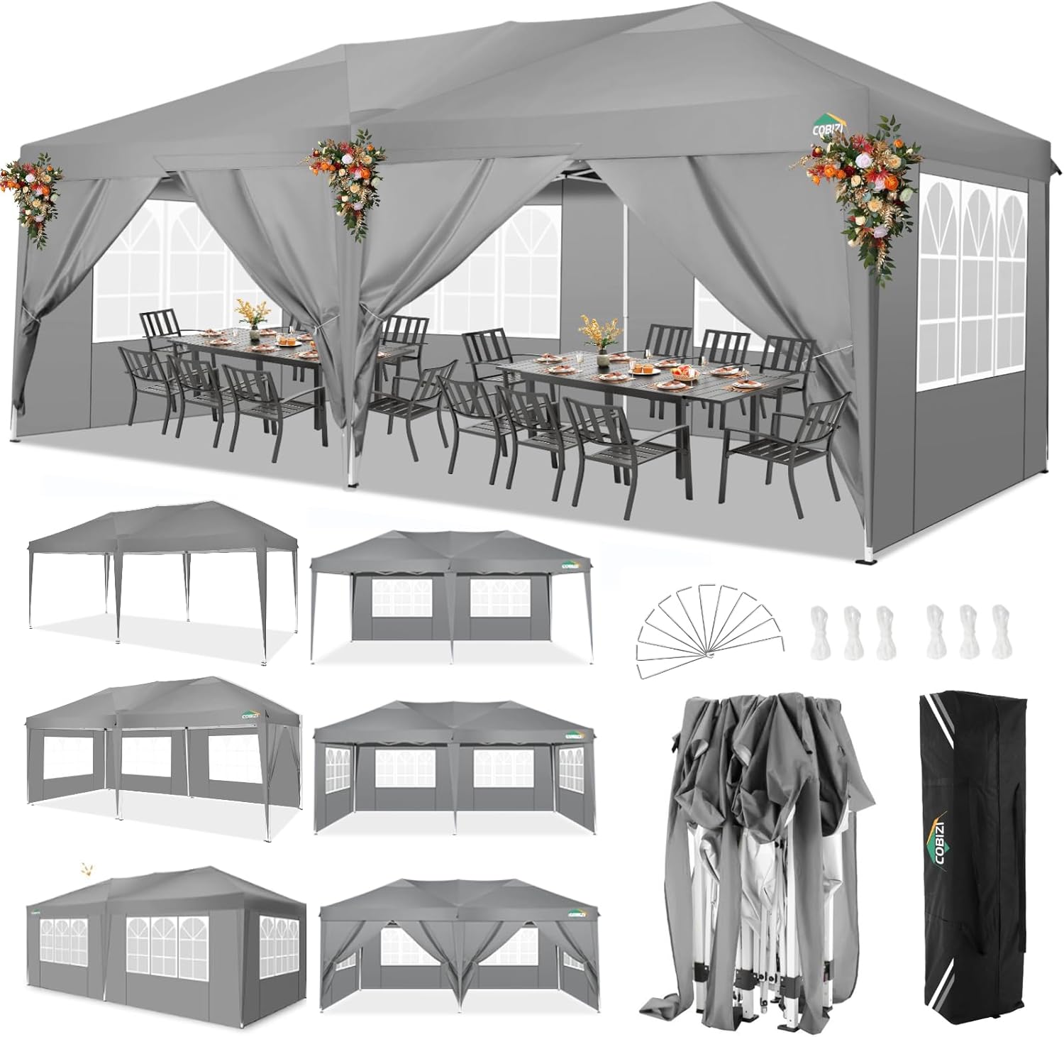 COBIZI 10×20 Pop Up Canopy Tent with 6 Removable Sidewalls, Easy Up Commercial Outdoor Canopy Tent, Waterproof and UV50+ Gazebo with Portable Bag, Tents for Parties/Backyard/Exhibition(Grey COBIZI 10×20 Pop Up Canopy Tent with 6 Removable Sidewalls, Easy Up Commercial Outdoor Canopy Tent, Waterproof and UV50+ Gazebo with Portable Bag, Tents for Parties/Backyard/Exhibition(Grey
