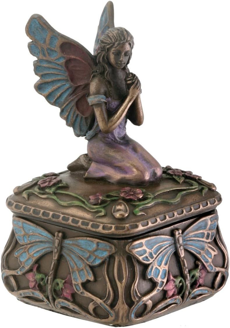 SUMMIT COLLECTION Art Nouveau Kneeling Fairy Jewelry Box with Dragonfly and Blooming Flower Decorations SUMMIT COLLECTION Art Nouveau Kneeling Fairy Jewelry Box with Dragonfly and Blooming Flower Decorations