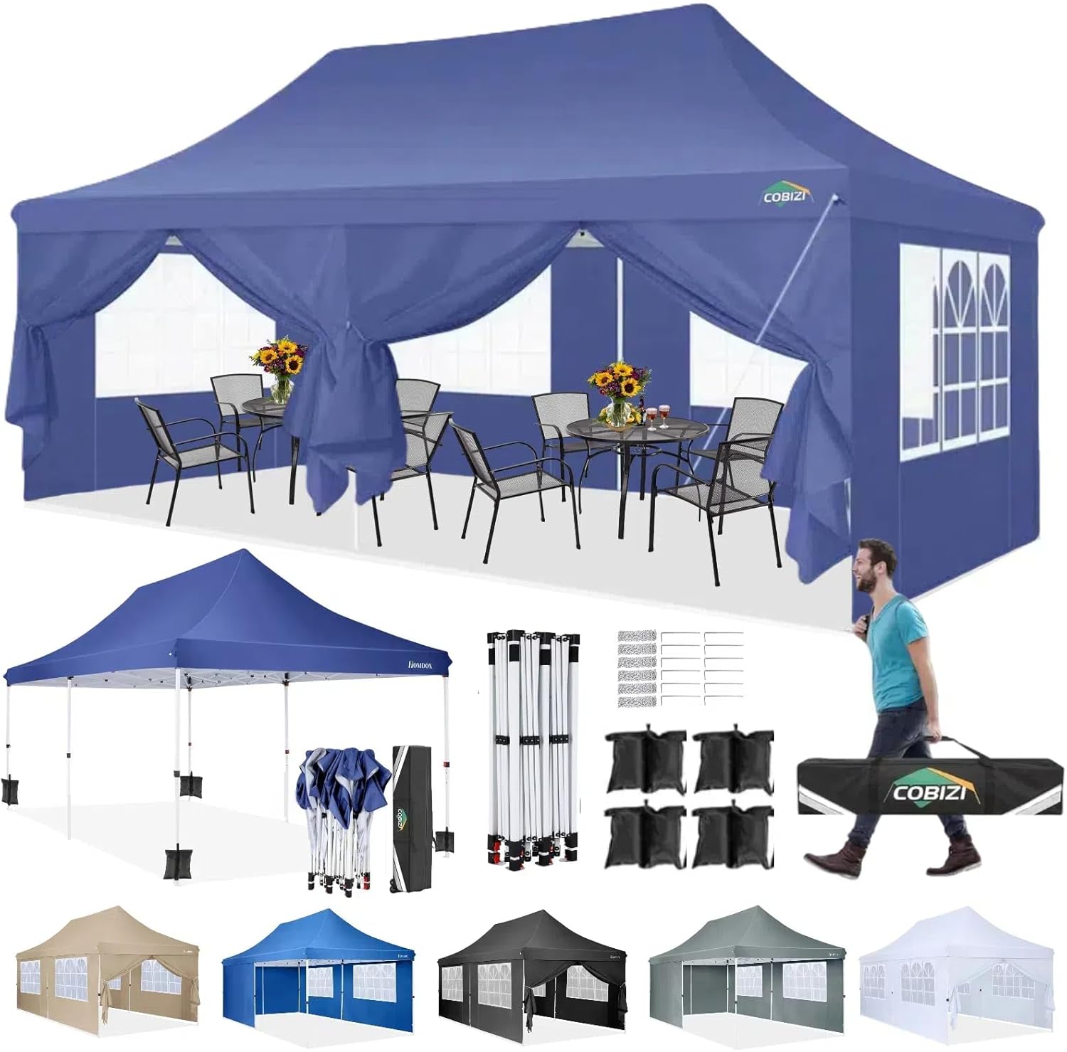 COBIZI 10x20FT Pop up Canopy Tent with 6 Removable Sidewalls, Outdoor Canopy Tents for Partie Wedding, Instant Sun Protection Shelter with Upgrade Raised Roof and Carry Bag, with Extra 4 Sandbags COBIZI 10x20FT Pop up Canopy Tent with 6 Removable Sidewalls, Outdoor Canopy Tents for Partie Wedding, Instant Sun Protection Shelter with Upgrade Raised Roof and Carry Bag, with Extra 4 Sandbags