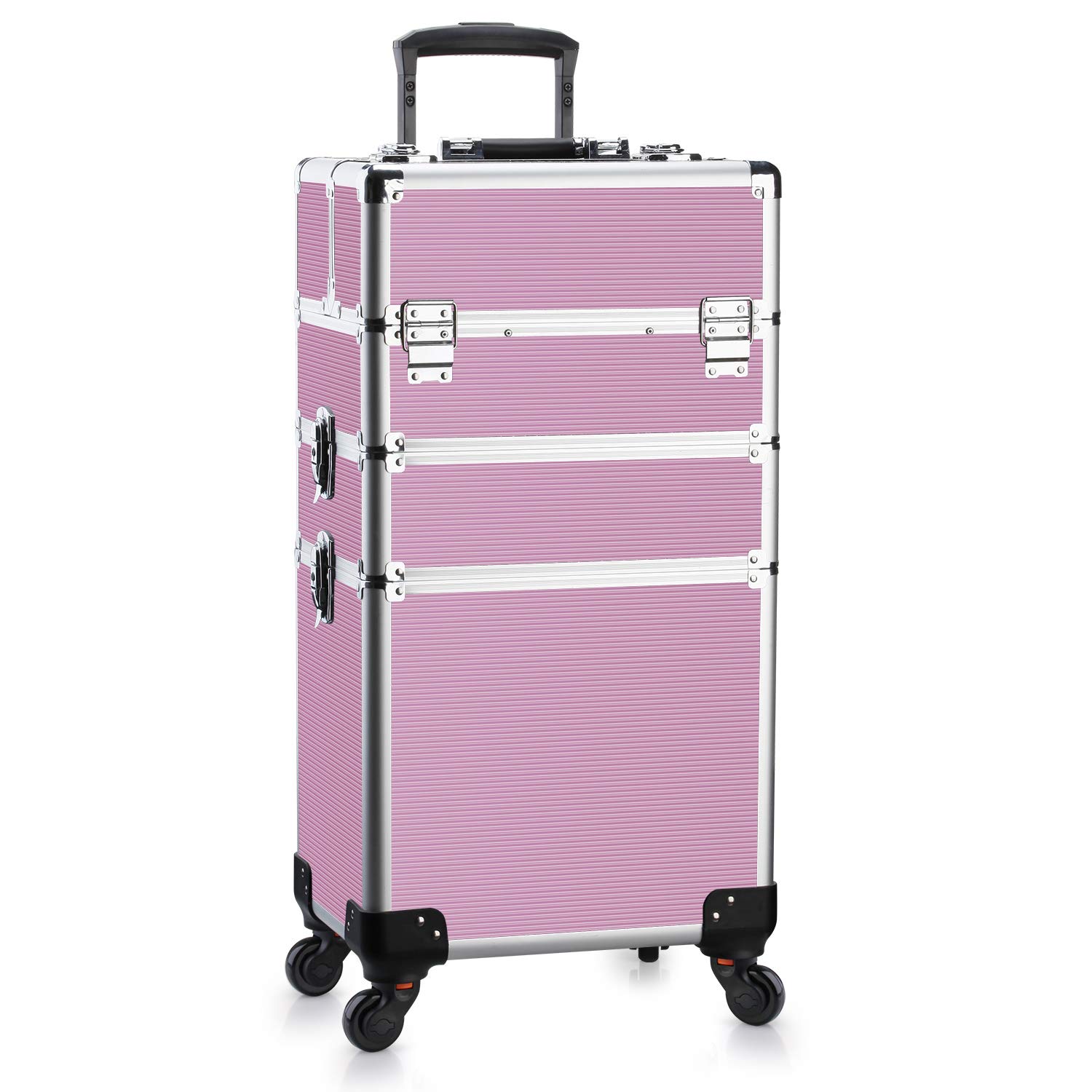 OUDMAY Makeup Case – 3 In 1 Aluminum Professional Rolling Cosmetic Beauty Storage With Folding Trays and Large Compartments Pink OUDMAY Makeup Case – 3 In 1 Aluminum Professional Rolling Cosmetic Beauty Storage With Folding Trays and Large Compartments Pink