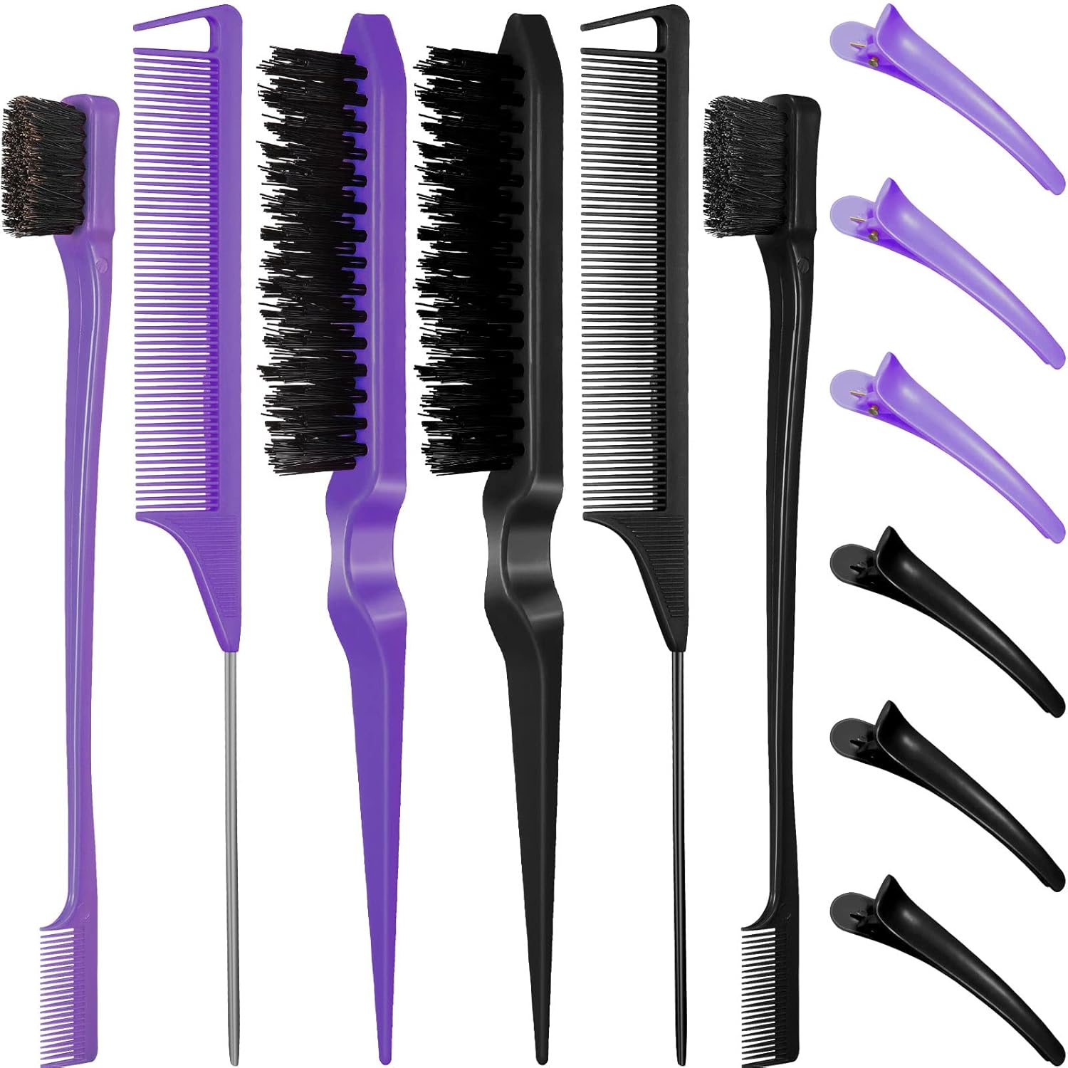 12 Piece Nylon Brushes Set for Grooming – Salon Teasing Brush, Double-Sided Edge Brush, Smooth Comb, Rat Tail Combs with Duckbill Clips for Women and Girls (Purple, Black) 12 Piece Nylon Brushes Set for Grooming – Salon Teasing Brush, Double-Sided Edge Brush, Smooth Comb, Rat Tail Combs with Duckbill Clips for Women and Girls (Purple, Black)