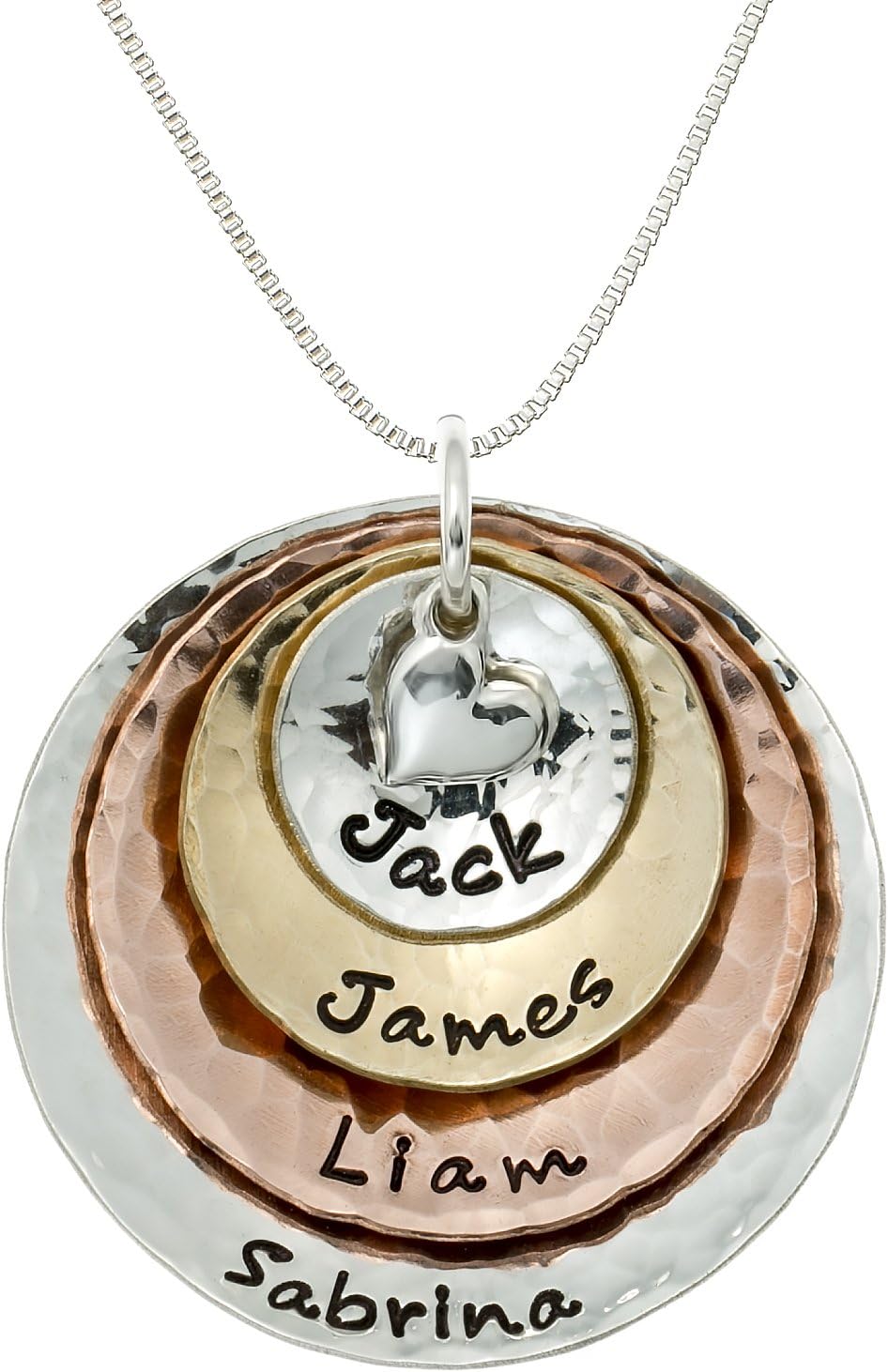 My Four Treasures Personalized Necklace with 4 Customizable Discs in Sterling Silver, 14k Gold Plate and Rose Gold Plate with a 925 Heart Charm My Four Treasures Personalized Necklace with 4 Customizable Discs in Sterling Silver, 14k Gold Plate and Rose Gold Plate with a 925 Heart Charm