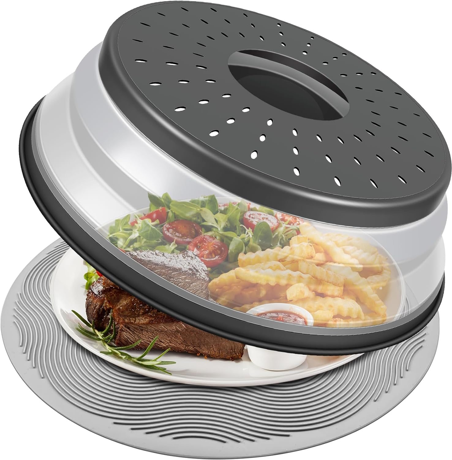 10 Inch Microwave Food Cover & Collapsible Silicone Mat – Splatter Guard, Plate Holder & Kitchen Colander for Meal Prep, Charcoal 10 Inch Microwave Food Cover & Collapsible Silicone Mat – Splatter Guard, Plate Holder & Kitchen Colander for Meal Prep, Charcoal