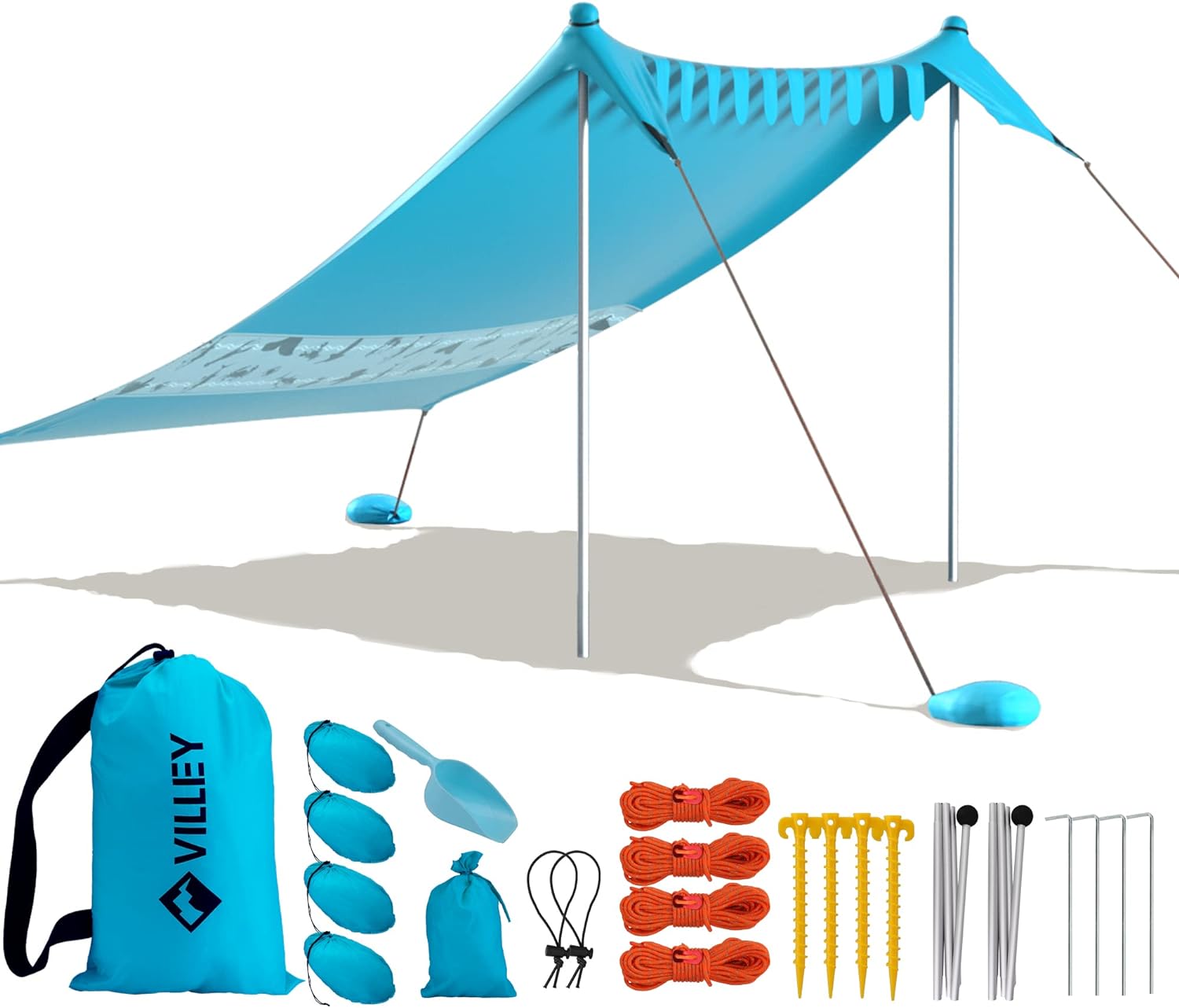 Villey Beach Tent Sun Shelter with UPF50+ Protection, 8×7FT Portable Sun Shade with 2 Stability Poles, 8 Ground Pegs, 4 Sandbags and Sand Shovel, Outdoor Beach Canopy for Camping Trips, Picnics Villey Beach Tent Sun Shelter with UPF50+ Protection, 8×7FT Portable Sun Shade with 2 Stability Poles, 8 Ground Pegs, 4 Sandbags and Sand Shovel, Outdoor Beach Canopy for Camping Trips, Picnics